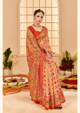Pastel Orange Cotton Silk Ikkat Print Saree